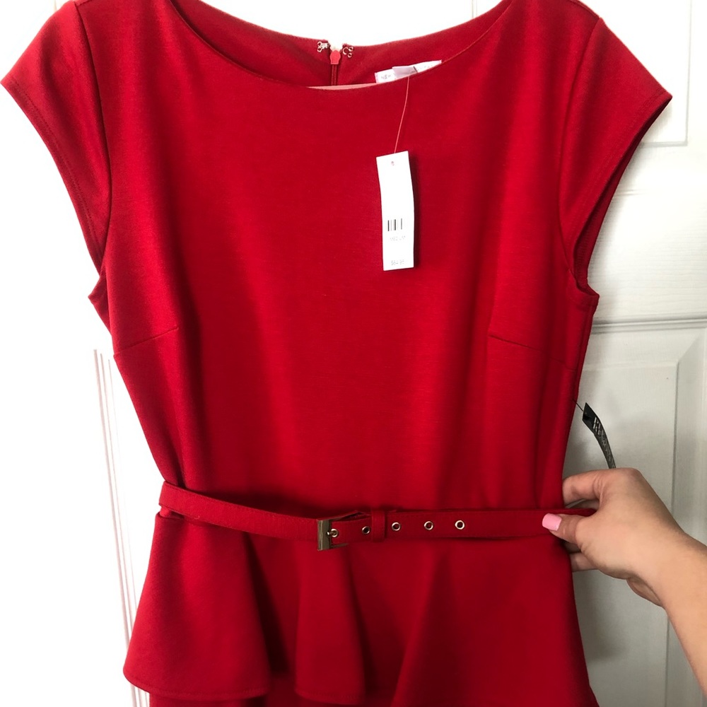 Red, Fitted Peplum Dress with Belt